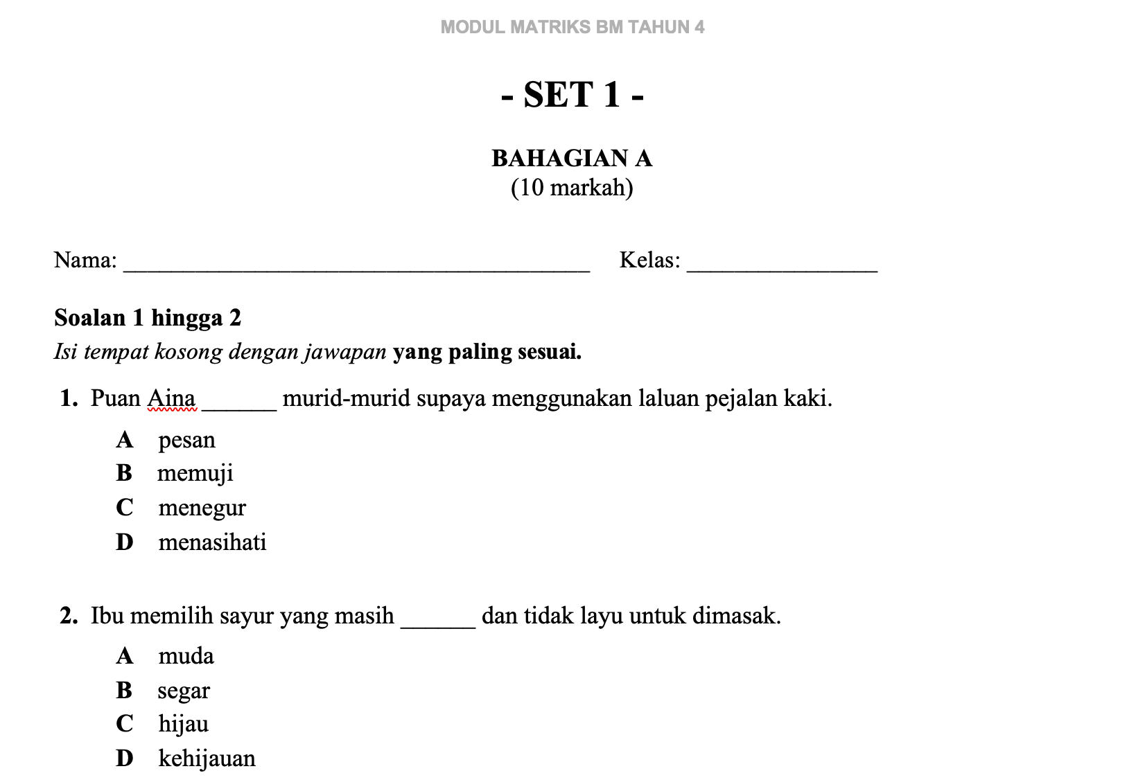 BUNDLE SET LENGKAP MATRIKS BAHASA MELAYU TAHUN 4 3