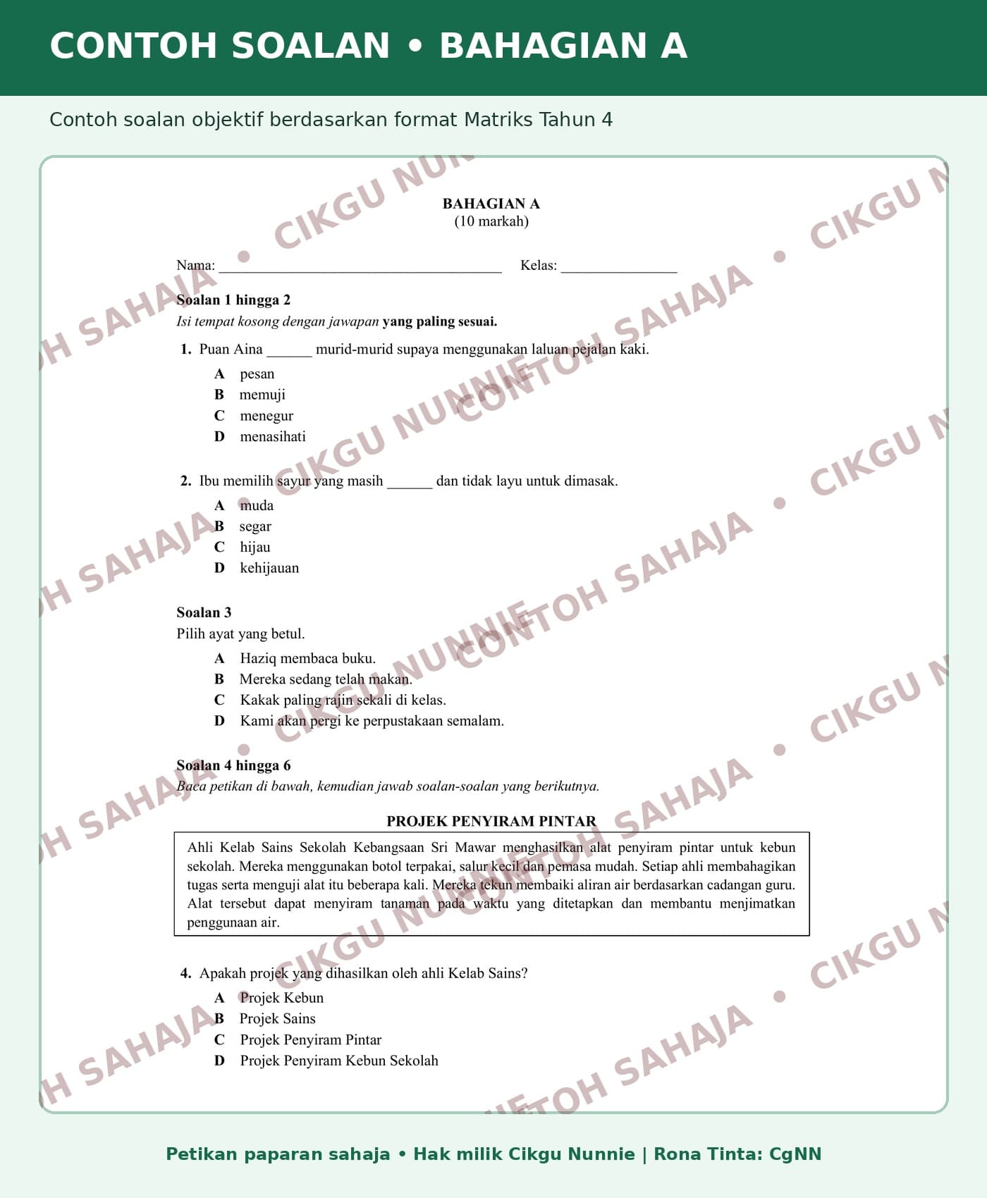 SOALAN UJIAN MATRIKS BAHASA MELAYU TAHUN 4 (sebahagian daripada bundle) 4